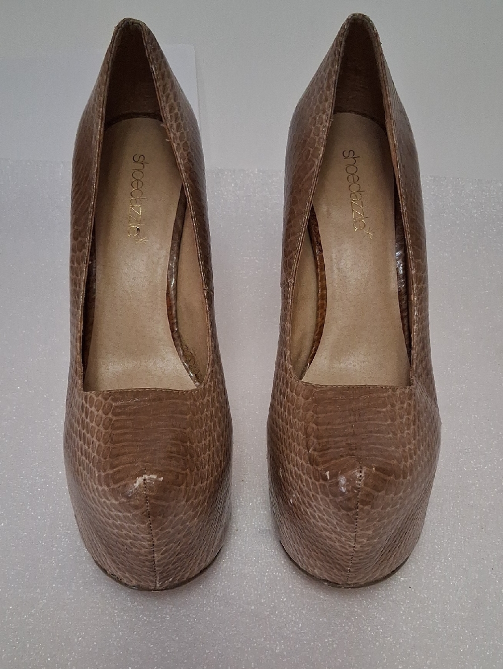 Shoe Dazzle Tan Snake-Embossed Platform Pumps